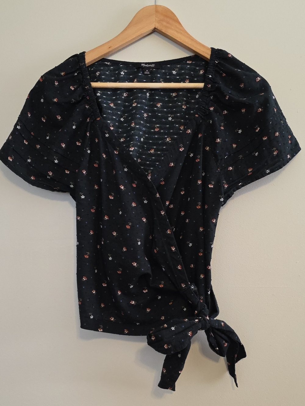 Madewell Black Floral Wrap Tie Short Sleeve Blouse